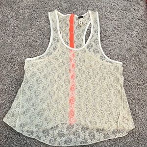 Free People Cream & Neon Contrast Lace Tank Top size SM